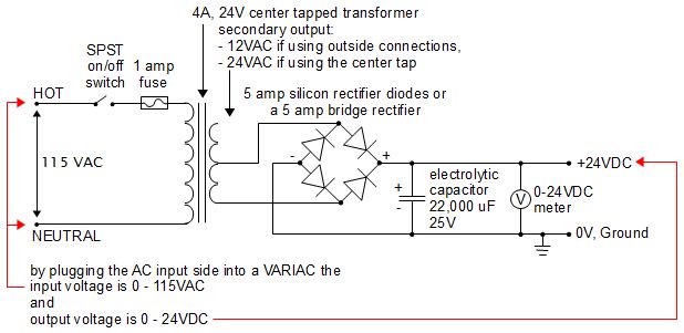 Homemade/DIY 24 volt power supply schematic/circuit diagram.