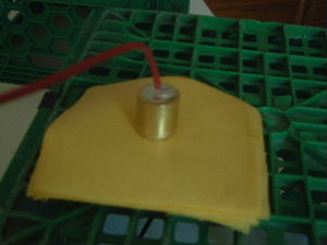 The electrodes in place for testing the breakdown voltage/
      dielectric strength.