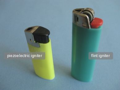 Comparison of piezoelectric ignitor type of lighter and a striker and flint type of lighter.