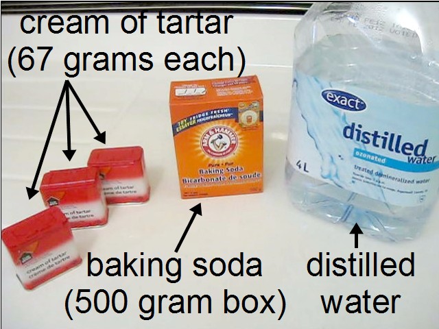Ingredients for making rochelle salt piezoelectric crystals: cream of tartar, baking soda, distilled water