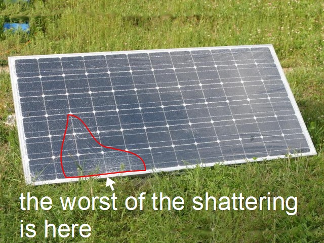 The shattered area of the solar/photovoltaic panel that needed fixing or repairing.