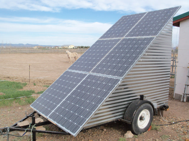 Solar panels on the mobile off-grid solar power system mounted on a trailer.