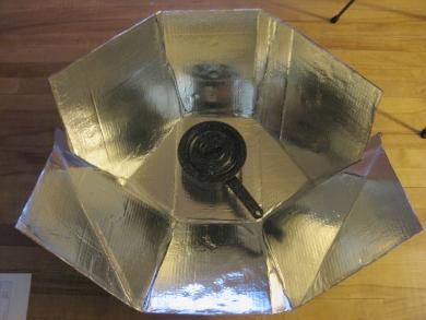 Modified CooKit solar cooker in high sun angle position.