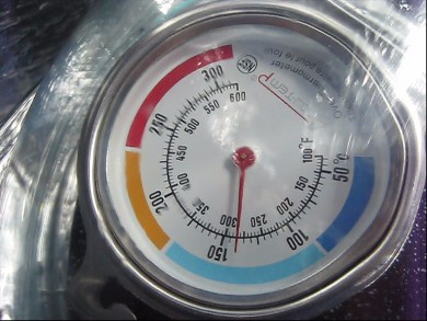 The themometer showing 285F (180C) while solar cooking using
      the Modified CooKit solar cooker.