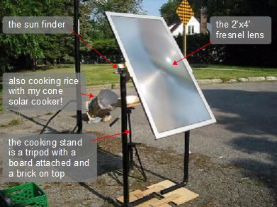 The first cooking version of my fresnel lens solar cooker.