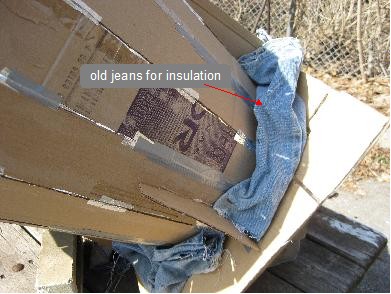 Old jeans for solar cooker insulation.