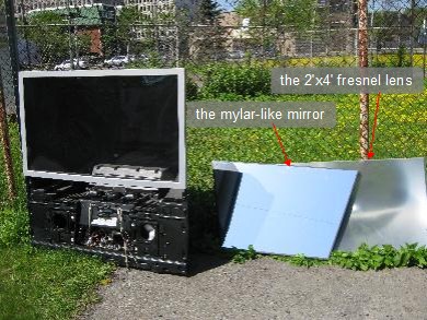 The mirror and fresnel lens removed from the rear projection TV.