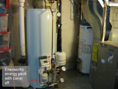 Solar thermally heated hot water tank and natural gas tank and Enerworks energy pack.