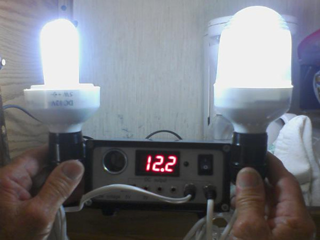 Showing two lit at a time. 12.2 volts and two lamps.
