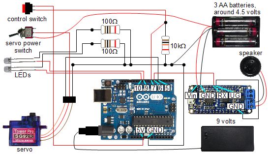Arduino/Adafuit Audio FX Sound Board ScareDuino circuit diagram.
