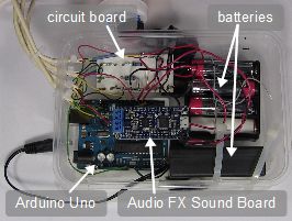 The ScareDuino elecrtonics close-up showing the Arduino and the
      Adafruit Audio FX Sound Board.