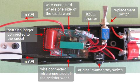 Details of modifications of the electric fly swatter for powering
      a CFL.