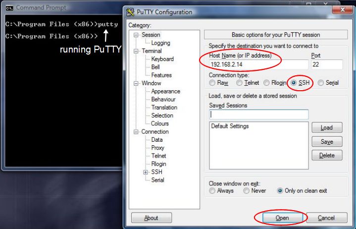 Running PuTTY from a Windows Command Prompt window.