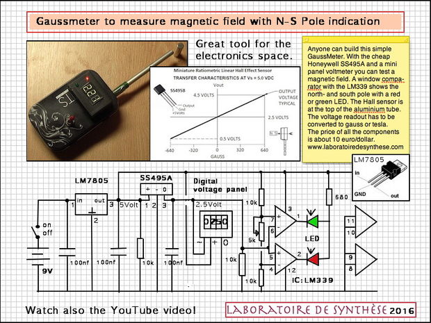 Gauss meter schematic and hall effect sensor details.