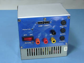 Front view of a DIY power supply made from computer power supply.