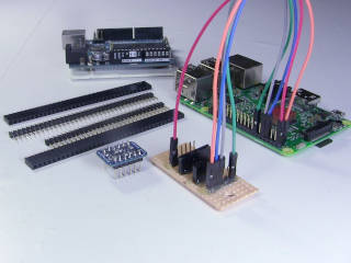 Pin headers being used to connect a Raspberry Pi to a circuit board.