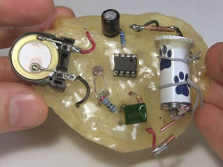 Photo of a potato chip, hardened with resin and with a 555 chip timer circuit on it.