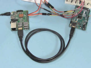 Raspberry Pi connected to an Arduino using a serial USB communication cable.