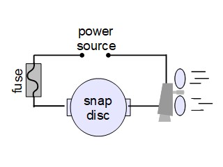 Circuit diagram for temperature control circuit using a snap disc.