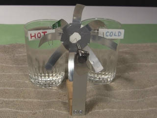 A sunflower heat engine being powered by heat transfer with hot and cold water in glasses.