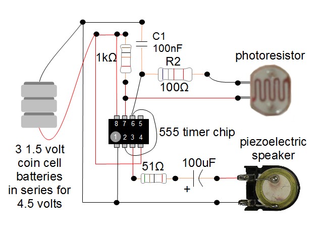 The 555 timer circuit with the photoresistor and piezoelectric speaker.