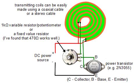 Wireless electricity transmitter circuit diagram which is really a joule thief circuit with flat, coreless coils.