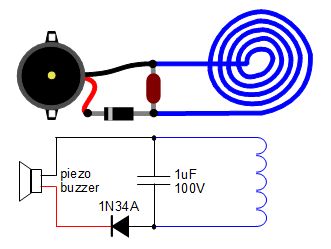 Circuit diagram and schematic diagram for piezo buzzer receiver for wireless transmission of electricity.