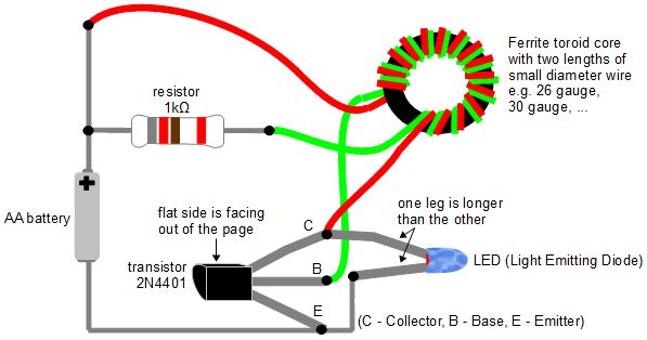 Circuit diagram for the joule thief - lighting an LED.