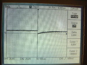 Oscilloscope output showing the 8kV spike during arcing
      inside the electric field thruster.