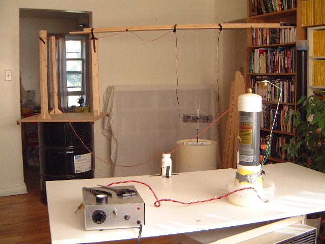 Test rig for the Thomas Townsend Brown style gravitator Mark 2
      hanging as a pendulum.