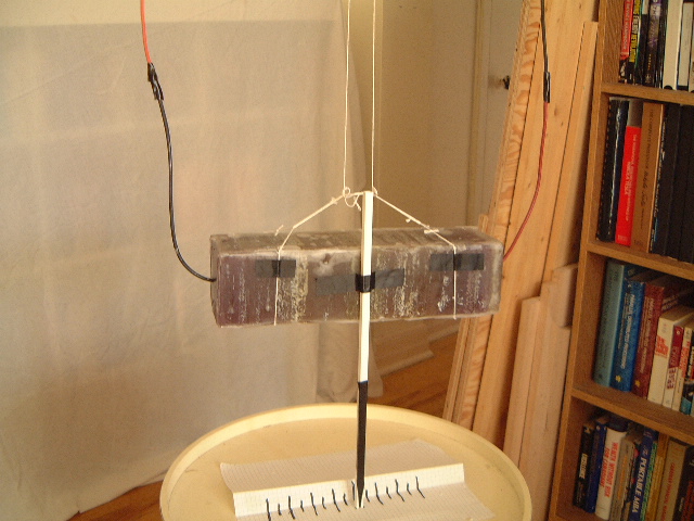 Close up of a test run for the Thomas Townsend Brown style 
      gravitator Mark 2 hanging as a pendulum.
