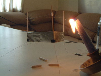 Testing the lifter's source of propulsion by inserting a flame in the path of the wind.