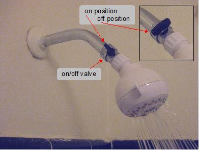 Water on/off valve installed before low flow shower head.