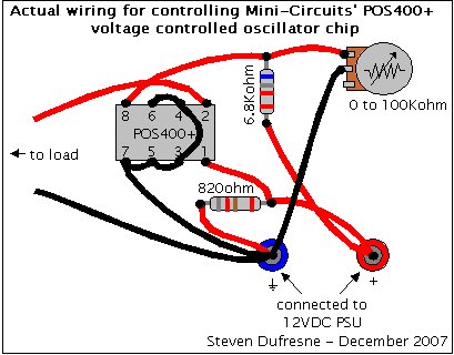 Wiring diagram of the Mini-Circuits POS-400+ UHF oscillator circuit.