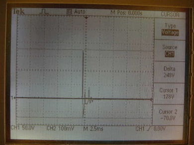Oscilloscope output from hitting the piezoelectric igniter crystal against the tabletop.