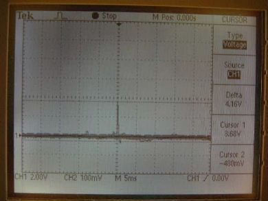 Oscilloscope output from flicking the piezoelectric igniter crystal with my fingertip.