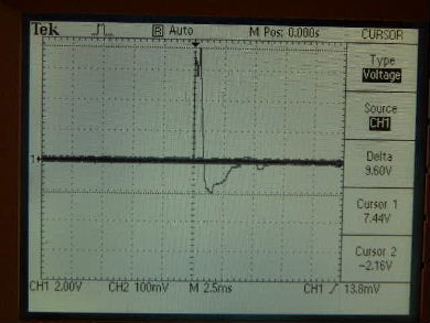 Oscilloscope output showing voltage of piezoelectric rochelle salt crystal test.