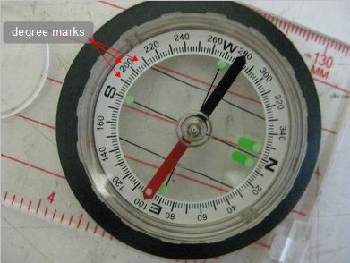The degrees markings on a compass for finding true south.