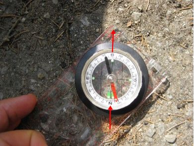 A shadow at solar noon aligned with true south and true north along with a compass for comparison.