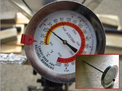 Cooking thermometer in solar tower showing 65C (150F) in sunlight.