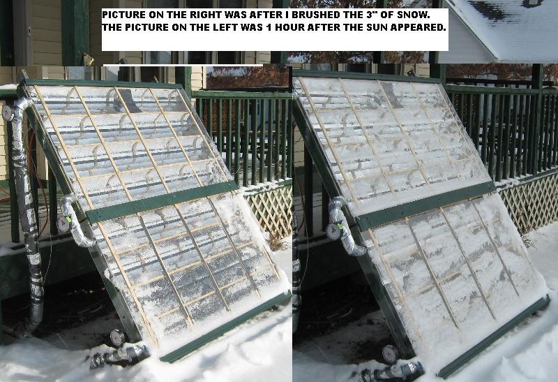 Before and after photos as black tape is used to assist snow melt on parabolic solar collectors.