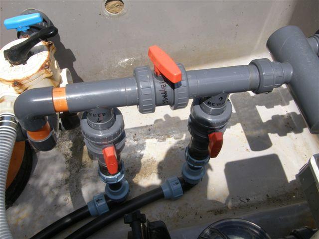 Valve configuration showing solar heating panel Feed, Return and Bypass.