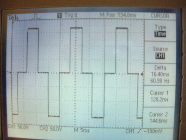 Oscilloscope output for modified sine wave inverter.