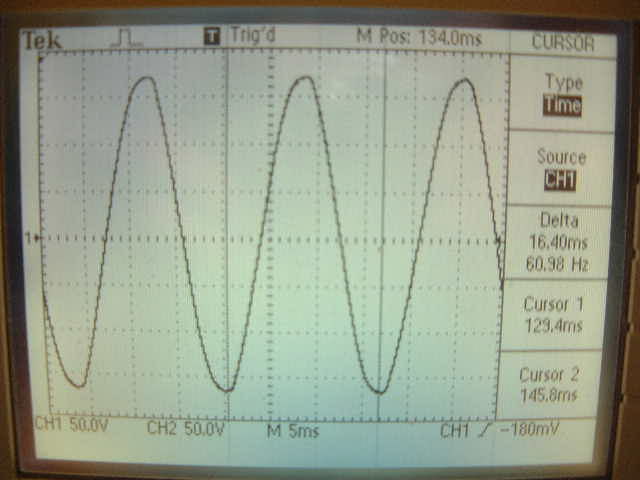 Oscilloscope output for pure sine wave.
