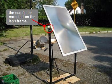 Fresnel lens solar cooker lined up with the sun.
