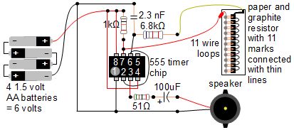 Circuit diagram for 555 timer chip automatic music instrument.