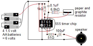 Circuit diagram for simple 555 timer chip music instrument.