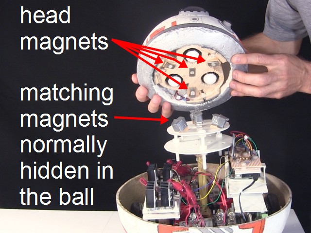 The top of BB-8's ball is removed to show the internal magnets along with the head magnets.