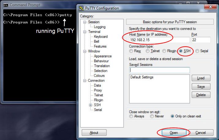 Running PuTTY from a Windows Command Prompt window.