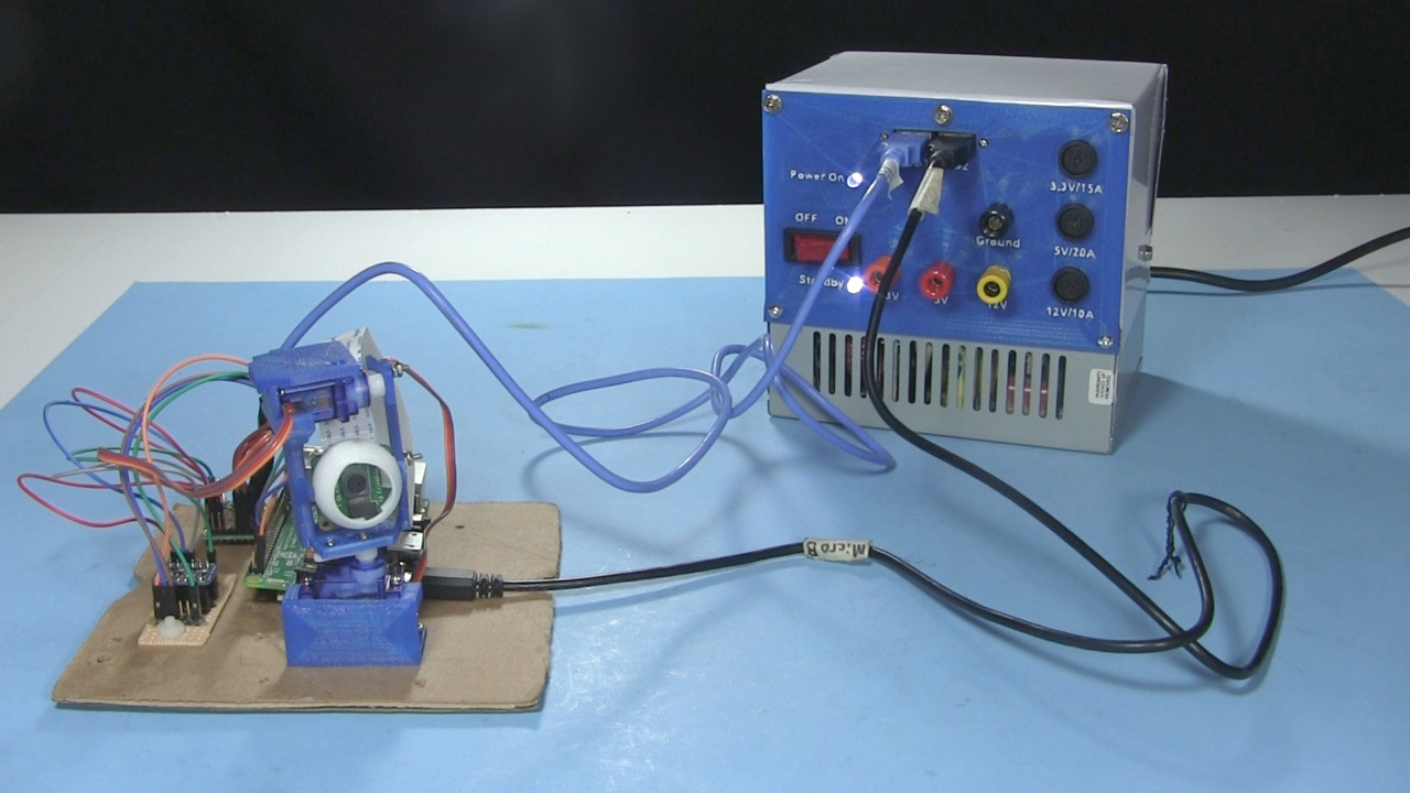 Converted ATX power supply powering a robotic eyeball and Raspberry Pi using USB ports.